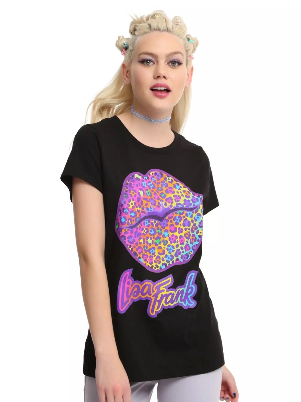 Lisa Frank Hot Topic Rainbow Leopard Lips Graphic Tee Black Medium